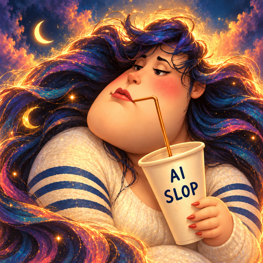 Human drinking from AI Slop inspired by Wall-E
